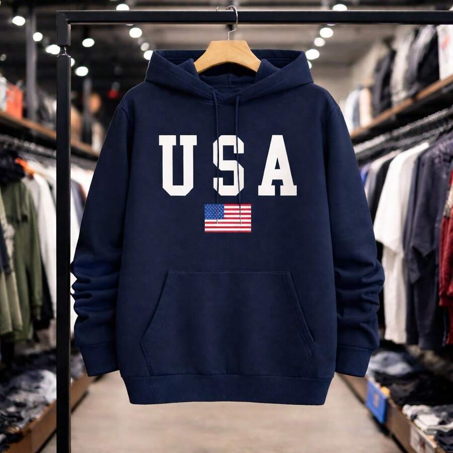 Moletom Canguru Unissex Estampado USA Bandeira Estados Unidos Colorido Estilo Street Skatista Blusa de Frio Ideal Para o Inverno Diário Casual Básico - Azul Marinho - Visão 1
