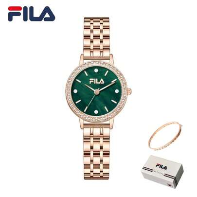  Reloj de cuarzo de lujo para mujer FILA - Caja de cristal, esfera de nácar verde, correa de perlas y juego de cadena de acero inoxidable, certificación de marca auténtica, resistente al agua, caja de regalo elegante, adecuado para fiestas, bodas y celebraciones