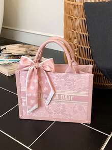 1个（11英寸*7.9英寸*3.9英寸）时尚女士手提包，大容量，方形，轻便，饰有优雅丝巾，采用耐刮擦耐磨材质，适合购物、约会、聚会、通勤，字母图案，优雅简约休闲灰粉色女士托特包 - 粉色 - 查看 5