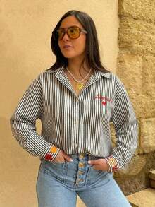 Women's Striped Letter Embroidered Button-Front Shirt Spring Black - Black - View 3