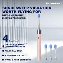 SKYWORTH 成人声波电动牙刷,每分钟34800次震动,深层清洁,配备4个刷头,美白护龈,可充电,Type-C快充,防水便携,旅行口腔护理好礼 - 彩色 - 查看 14