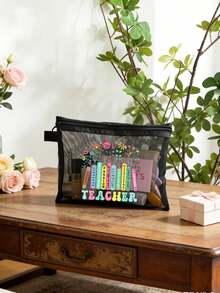 Teacher Theme Mesh Cosmetic Bag, Floral Design With "Teacher" Text, Transparent Mesh Storage Pouch, Teacher Makeup Bag, Toiletry Bag, Teacher's Day Gift, Cosmetic Storage Pouch, Portable Toiletry Organizer - Multicolor - View 6