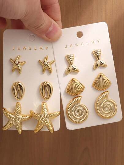 6-12pcs Fashionable Seashell, Starfish & Geometric Metal Earring Set, Elegant Jewelry Accessories For Women, Suitable For Daily Wear