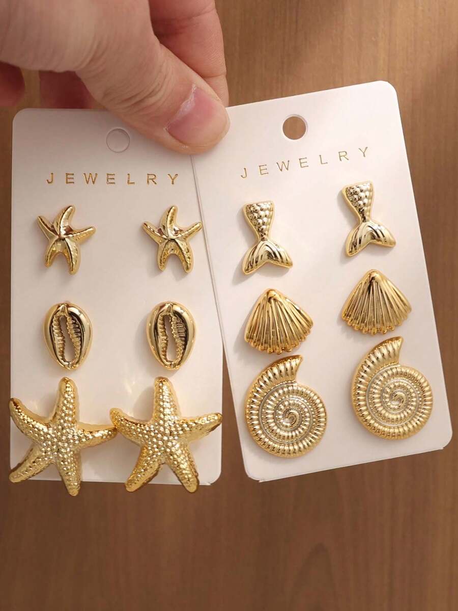 Set de 6-12 piezas de pendientes elegantes con conchas marinas, estrellas de mar y diseños geométricos de metal, accesorios de joyería adecuados para uso diario para mujeres - Dorado - Ver 1