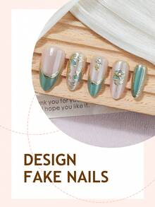 10 pièces Faux ongles longs en forme d'amande style Y2K dorés avec paillettes, comprenant des accessoires de décoration de strass d'œil de chat vert 3D. Convient pour les salons de manucure, le port quotidien, les festivals, les cadeaux - Multicolore - Voir 3