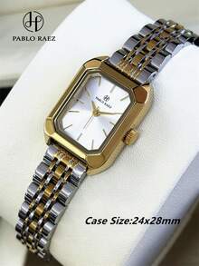 Pablo Raez 1枚帕布莱斯女士腕表，SUS304不锈钢银色顶级AAA品质女士腕表，奢华时尚正装腕表，IPS电镀，优雅全新长方形石英表，时尚白色表盘，高品质流行方形女士腕表，50米防水实心钢链折叠表扣，休闲可爱女士小腕表，适合日常生活/工作/派对装饰生日礼物 - 金色 - 查看 3