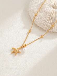 1件不锈钢海洋系列精致珍珠链项链，配海星、贝壳、小鱼吊坠，适合日常和节日佩戴 - 金色 - 查看 11