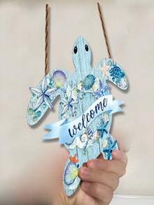1 pièce Panneau en bois imprimé 2D plat, pour décoration murale extérieure, taille 9 pouces x 9 pouces. Il présente un design de tortue de mer avec le texte "Bienvenue" - Multicolore - Voir 7