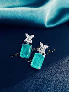 Luxury Super Shiny Butterfly Paraiba Four-Claw Rectangular Green Earrings, Hypoallergenic Earrings For Women, Suitable For Daily Wear And Commute, Jewelry Gift - White - View 2