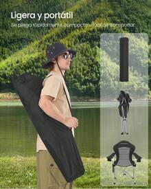 SONGMICS Silla de Exterior Plegable, Asiento Amplio, Respaldo Alto, Portavasos, Organizador, Portátil, Negro y Gris - Negro - Ver 7