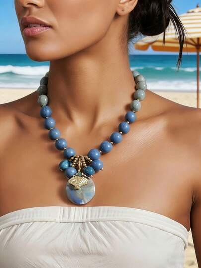 1pc Ocean Texture Acrylic Round Bead Metal Shell Pendant Ombre Blue Gradient Bead Decor Necklace, Suitable For Women Beach Holiday Wear