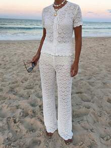 Bộ đồ đi nghỉ hè cho nữ, áo khoác ngắn tay dệt kim ren móc khoét lỗ gợi cảm + quần dài 2 mảnh - Bộ đồ đi nghỉ 2 mảnh cho nữ, trang phục đi hộp đêm bằng ren móc, màu trắng ôm sát gợi cảm cho nữ - trắng - Xem 12