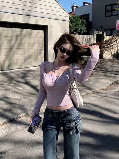 Half-Button Square Neck Minimalist Fitted Long Sleeve T-Shirt For Women Spring