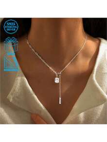925 Silver Square Diamond Tassel Necklace, Luxury Elegant Letter Pendant Clavicle Chain For Women - Silver - View 3