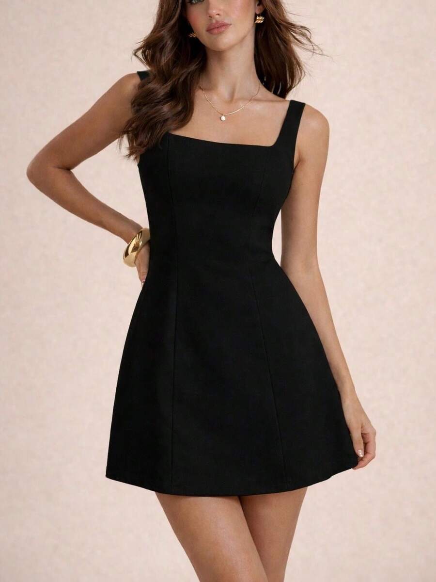 Beira Fashion Women's Short Dress With Square Neckline And Wide Straps, Elegant Casual A-Line Style - 黑色 - 查看 1