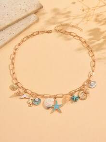 1pc Summer Dopamine Ocean Style Natural Seashell Alloy Glazed Pendant Necklace, Suitable For Daily Wear, Travel And Party, Natural Seashell Material Shape And Pattern Are Random - Multicolor - View 2