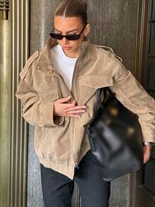 2026新款女式冬季時尚街頭夾克，復古立領麂皮質感口袋裝飾女裝外套 - 卡其色 - 查看 2