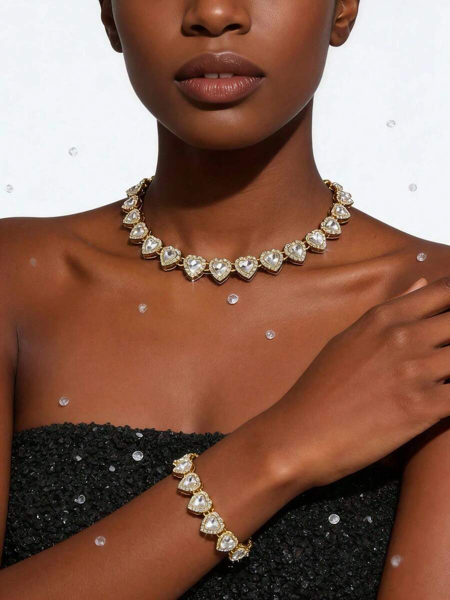 2pcs/Set Romantic Charm Classic Hip-Hop Elegant Shiny Heart Bracelet Necklace, Fashion Jewelry For Women, Suitable For Party, Wedding, Music Festival - Perfect Gift For Valentine's Day, Friendship, Wife Or Girlfriend - A - View 1