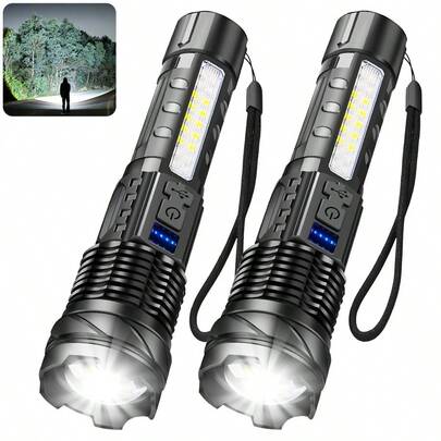1pc Portable Rechargeable LED Flashlight Zoomable Torch With Side Light Outdoor Camping Emergency Lantern