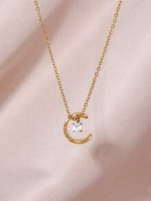 1pc 18K Gold Plated Stainless Steel C-Shaped Pendant Necklace, Elegant Romantic Style, Minimalist Retro Vibe, Suitable For Daily, Commute, Street, Party Wear, Great Gift - Gold - View 1