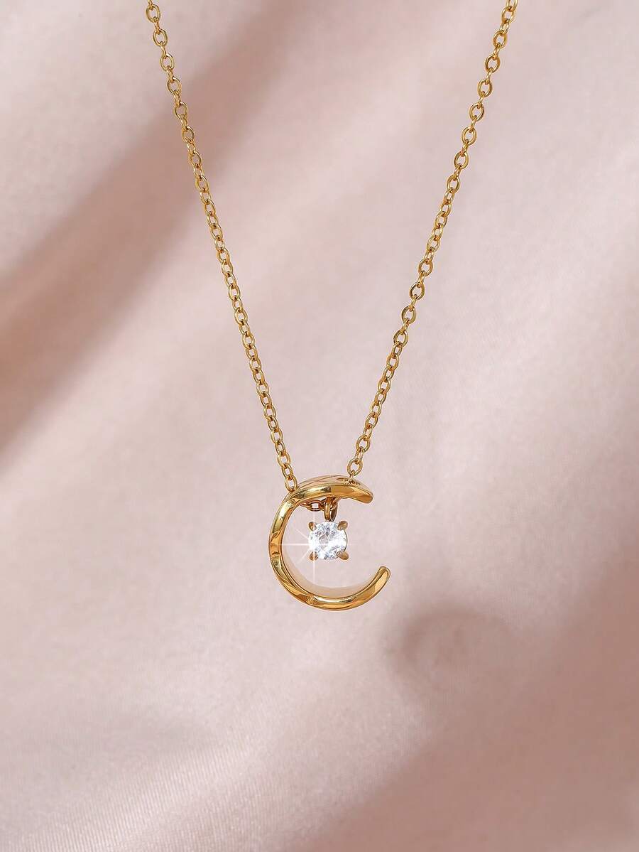 1pc 18K Gold Plated Stainless Steel C-Shaped Pendant Necklace, Elegant Romantic Style, Minimalist Retro Vibe, Suitable For Daily, Commute, Street, Party Wear, Great Gift - Gold - View 1