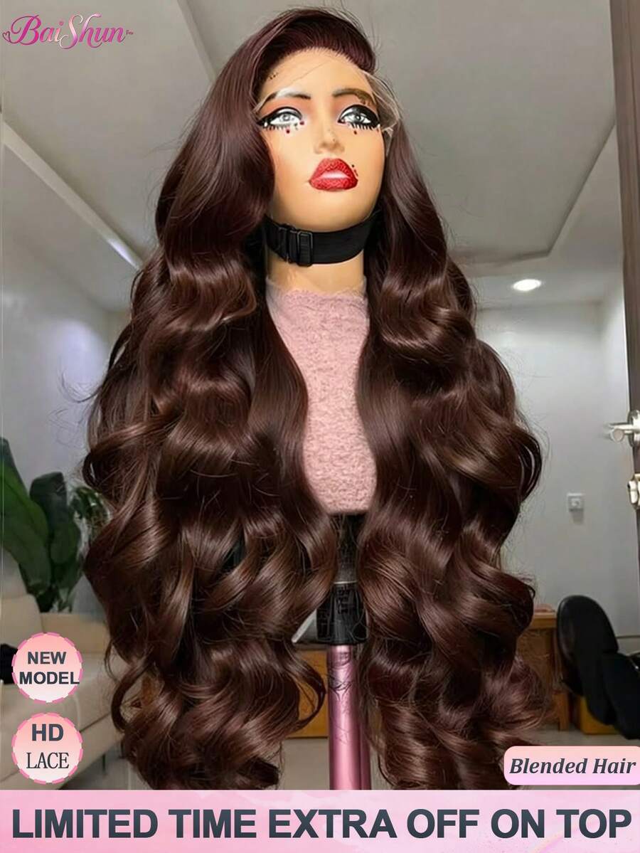 Tóc giả ren phía trước kiểu sóng thân 30 inch, màu nâu sô cô la đậm số 4, kích thước 13x4 13x6, tóc pha trộn tóc người, đã tỉa sẵn, mật độ 200%, dày dặn, tóc thật nguyên chất, đường chân tóc vô hình, các nút thắt nhỏ, dễ dàng đội lên, kích thước 5x5, không cần keo dán, tóc giả ren phía trước HD, tuổi thọ gấp 3 lần.