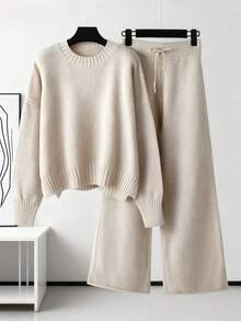Women's Knit Sweater & Wide-Leg Pants Set - Multiple Colors, Ultra-Soft Warm Fabric,  Casual Two-Piece Outfit For Fall/Winter Coziness! - 杏色 - 查看 1
