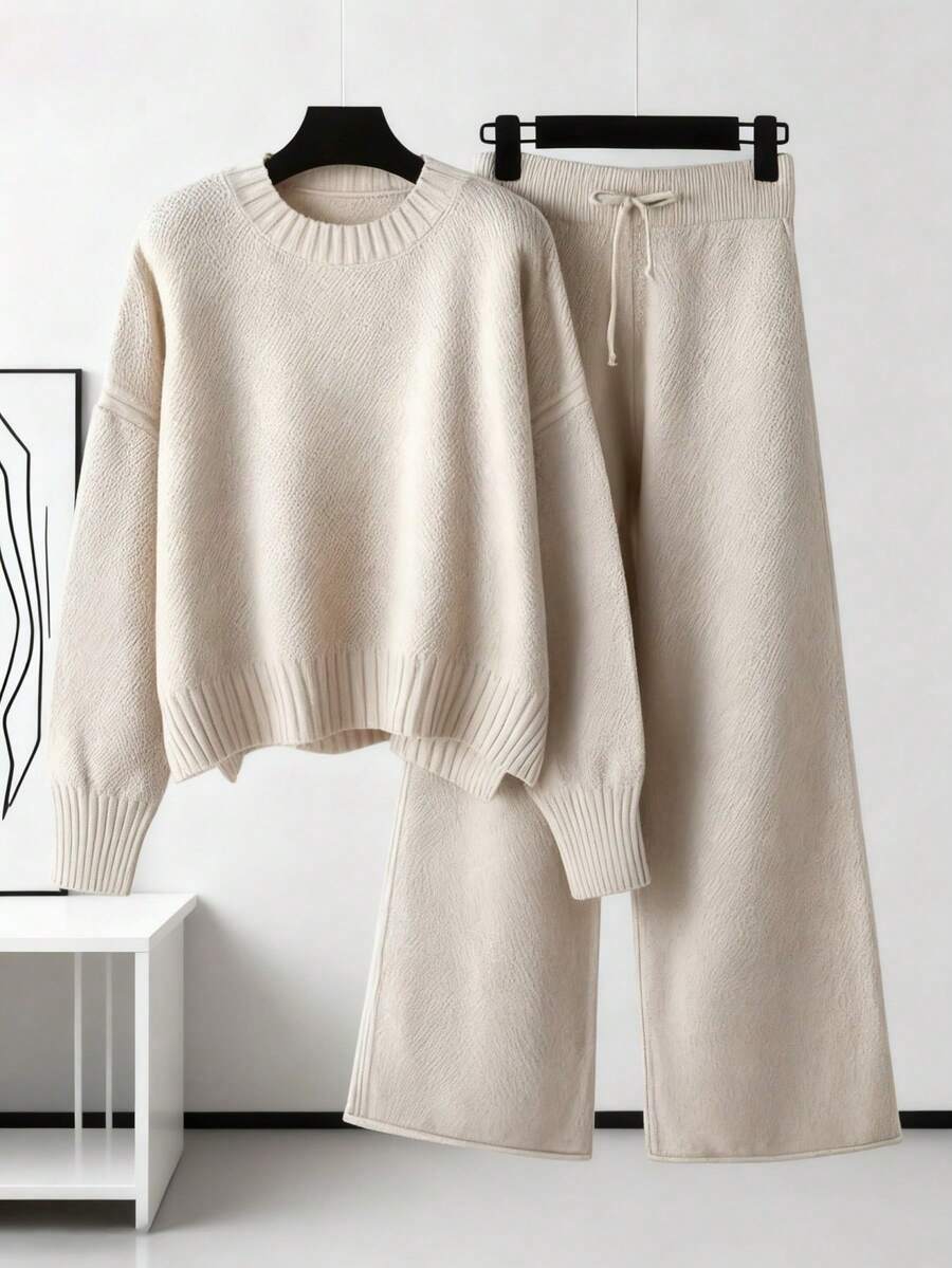Women's Knit Sweater & Wide-Leg Pants Set - Multiple Colors, Ultra-Soft Warm Fabric,  Casual Two-Piece Outfit For Fall/Winter Coziness! - 杏色 - 查看 1