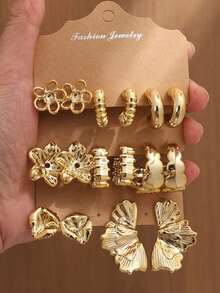 4/6/16pcs Fashionable Rose Flower & Wing Geometric Multi-Element Golden Metal Earring Set, Women Stylish Earring Set, Suitable For Daily Wear - Gold - View 9