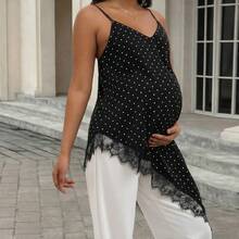 孕妇波点蕾丝边不对称吊带背心，高弹透气哺乳背心，休闲外出约会打底衫 - 黑色 - 查看 10