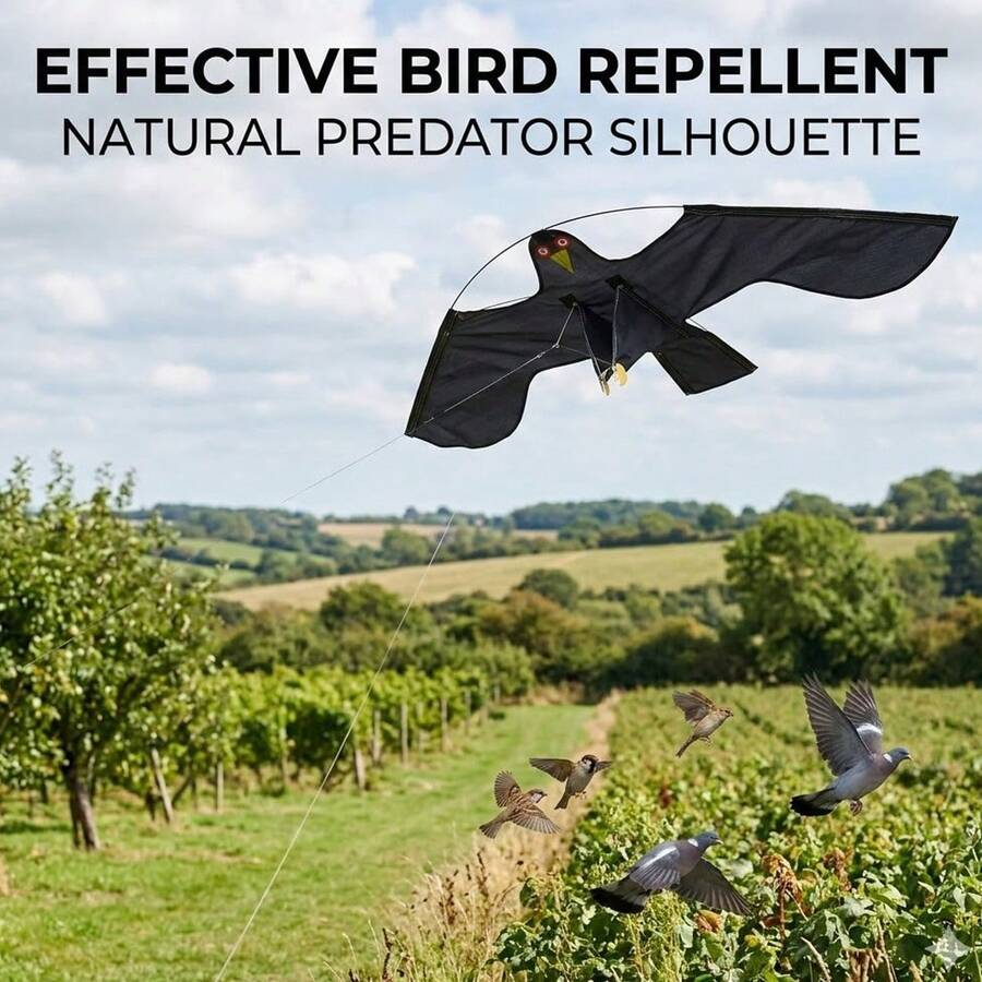 Flying Hawk Kite Garden Bird Repeller Scarer Extendable With 4m Telescopic Poles - Black - View 1