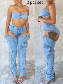 Women's Sexy Denim Bandeau & Cutout Cargo Jeans 2 Piece Set | Strapless High Waist Zi Detail, Ideal For Party & Street Style - 藍色 - 查看 7