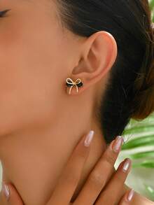 1 Pair Elegant Cute Bow Stud Earrings, Fashionable Minimalist Versatile Small Earrings For Women - Multicolor - View 3