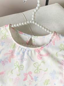 Girls' Casual Elegant Pink Bow Ruffle Hem Sleeveless Dress, Summer - White - View 3