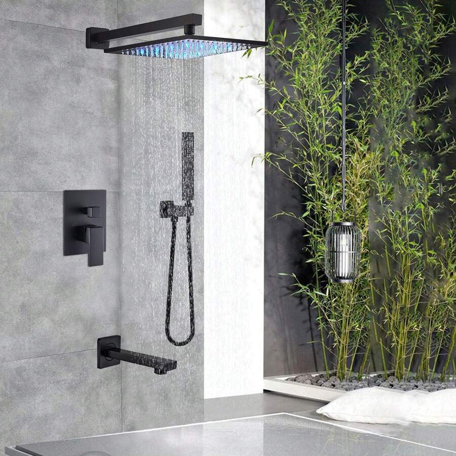 LED Shower Faucet Set, Shower System With High Pressure 8-Inch Rainfall Shower Head And Handheld Spray, Bathroom Luxury Rainfall Mixer Shower Complete Combination Set - Matte Black - View 1