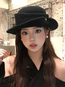 1件法式黑色女帽，秋冬復古時尚帽，可顯臉小，捲邊水桶帽，戶外多用途，適合送給老師或朋友作為生日或開學季禮物 - 彩色 - 查看 10
