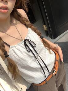 女士时尚系带撞色条纹露脐吊带背心，夏季休闲款 - 杏色 - 查看 1