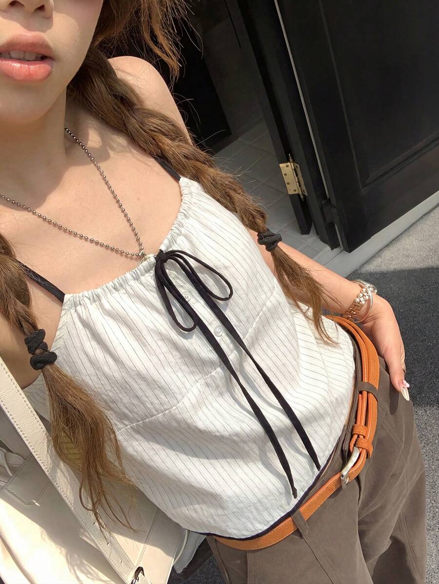 女士时尚系带撞色条纹露脐吊带背心，夏季休闲款 - 杏色 - 查看 1