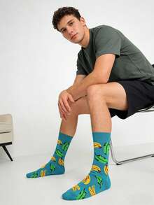 1双男士蓝色底香蕉叶图案中筒袜，四季皆宜 - 彩色 - 查看 5