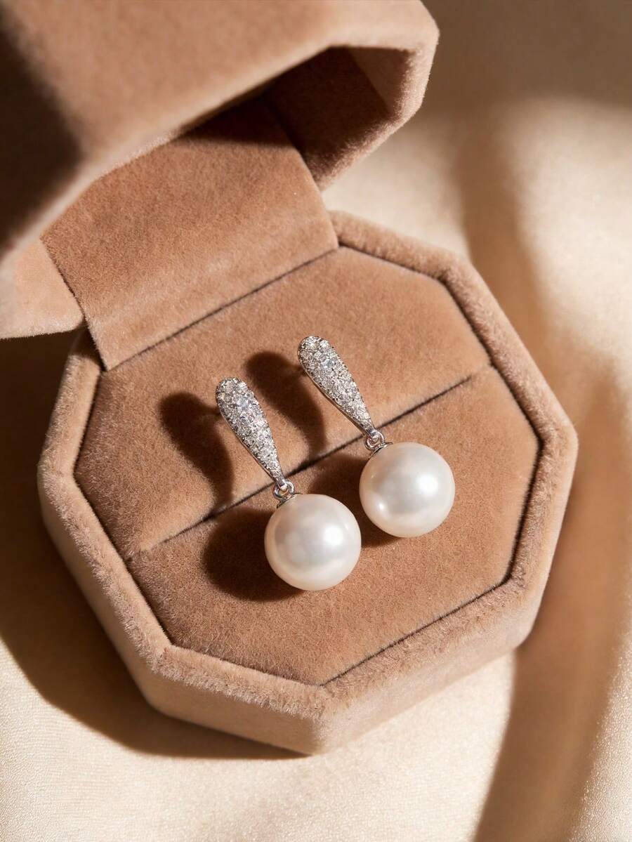 1 Đôi bông tai mặt dây chuyền bằng bạc sterling 925 đính đá Cubic Zirconia và ngọc trai, món quà trang sức tinh tế dành cho phụ nữ, quà kỷ niệm. - Bạc - Xem 1
