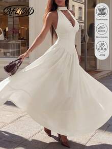 女士白色吊带连衣裙，腰部褶裥A字长裙，飘逸夏季派对连衣裙 - 杏色 - 查看 1