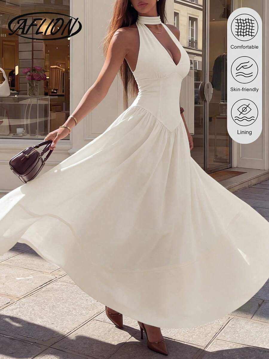 女士白色吊带连衣裙，腰部褶裥A字长裙，飘逸夏季派对连衣裙 - 杏色 - 查看 1