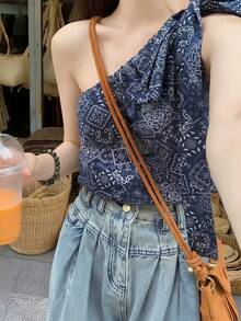 度假风蝴蝶结吊带背心，新款独特泰式优雅女式上衣 - 藍色 - 查看 1