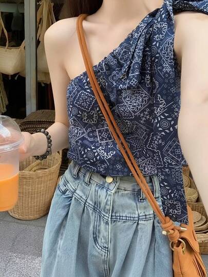 度假风蝴蝶结吊带背心，新款独特泰式优雅女式上衣