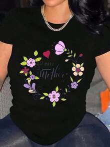 Floral T-Shirt For Mother's Day, "I Love You, Mom" T-Shirt For Women, "Mom" Letter Print T-Shirt, Graphic Tees For Mom, Loose T-Shirts. - 黑色 - 查看 6