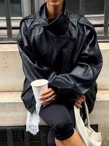 DEEKA 春秋新款女士宽松超大欧美风简约百搭荔枝纹皮夹克，高端外套 - 黑色1 - 查看 7