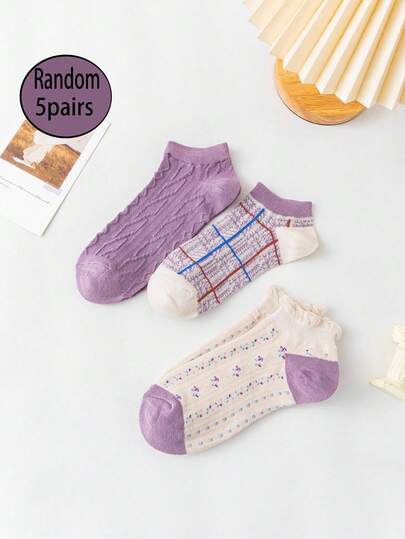 5 Pairs Random Women Short Socks, Retro Purple Tone Ins Campus Style Low-Cut Socks, Suitable For Daily Casual, Sports, Commuting, Shopping, Gifts, Comfortable Socks, Cute Socks, Student Socks, Women Socks, Suitable For All Seasons