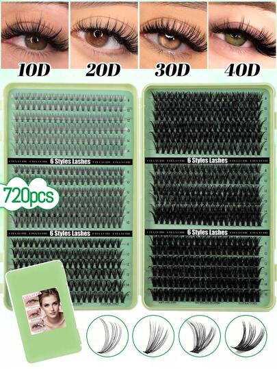 CMAYOME 720/684/648片装 D型卷翘蓬松簇状假睫毛，8-16mm混合长度，高密度簇状假睫毛，10D-100D混合款式分段式睫毛册，D型卷翘睫毛嫁接，粗细睫毛嫁接精华液，适合日常居家使用，易于佩戴，簇状睫毛，睫毛簇，单根睫毛，假睫毛