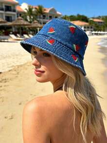 1 chiếc mũ tai bèo denim họa tiết dưa hấu dành cho nữ, mũ chống nắng đa năng, phù hợp sử dụng hàng ngày. - MZ734S - Xem 3