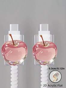 2/1pc Pink Transparent Apple Pattern Acrylic Flat Data Cable Protector. Damage-Resistant, Stylish And Durable. The Resin Material Cable Protector Can Protect Your Cable From Breaking And Falling Off. Suitable For Protecting Your Phone, Data Cable, Charger Head, Connector And Charger. Transparent. - Multicolor - View 2